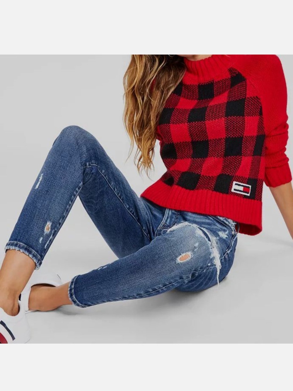 Tommy Hilfiger Tommy Jeans red and black buffalo plaid mock-neck